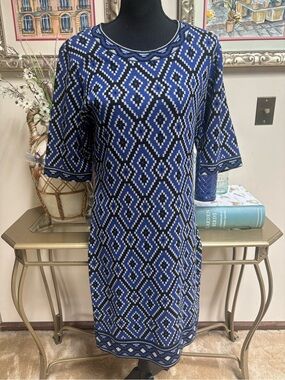 Beige by eci Blue and Black Geometric Knit Midi Sweater Sheath Dress Size Large